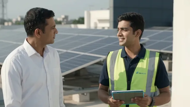 An engineer and a site technician talking as they walk beside a large rooftop array on a commercial building.