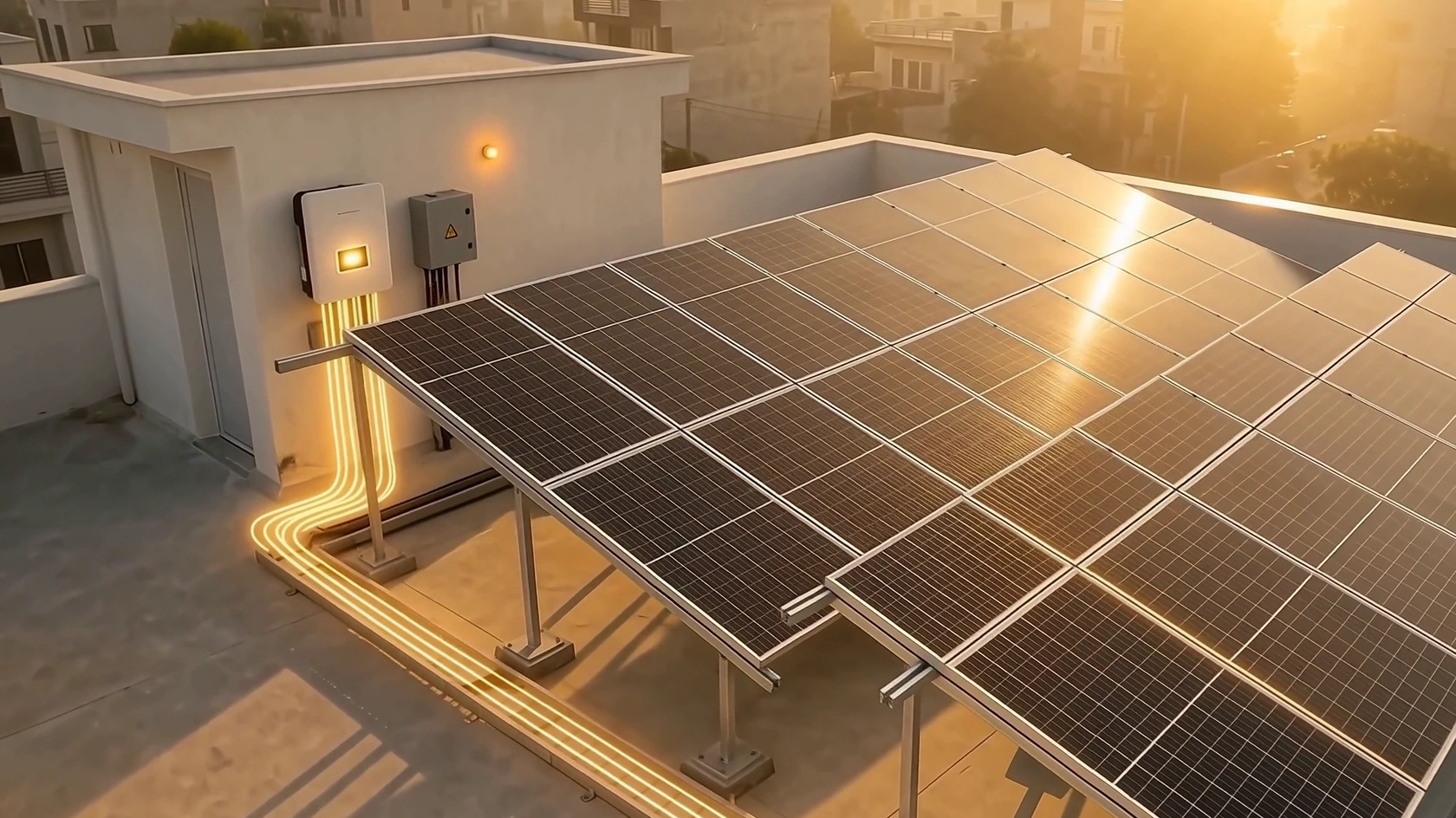 Concept visualisation of a finished rooftop solar array in morning sun, with an inverter on the wall of the stair room.