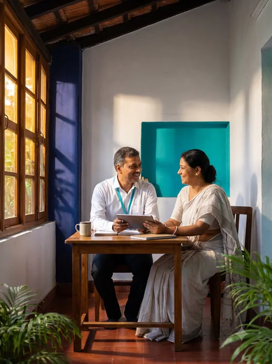 A technician and a homeowner smiling over a tablet at a wooden table on a verandah.