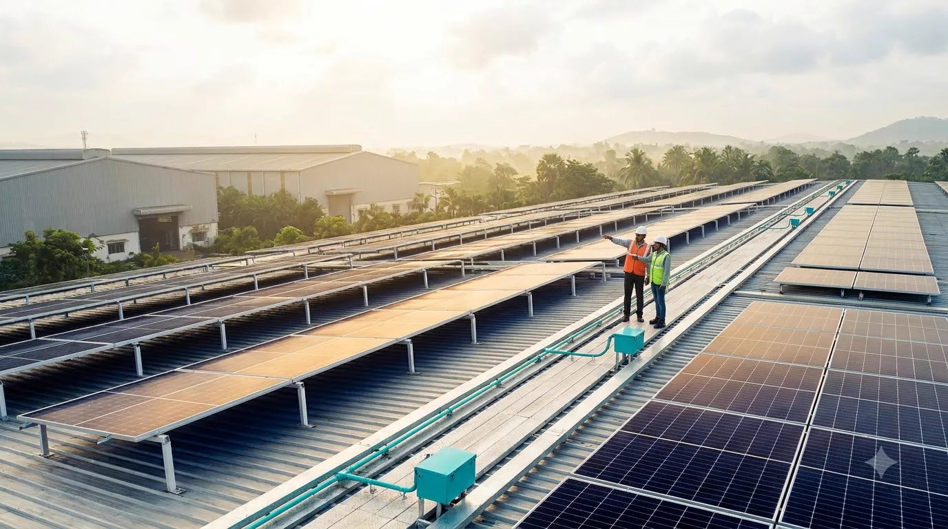 Two engineers pointing across long rows of panels on a factory roof, misty hills in the distance.