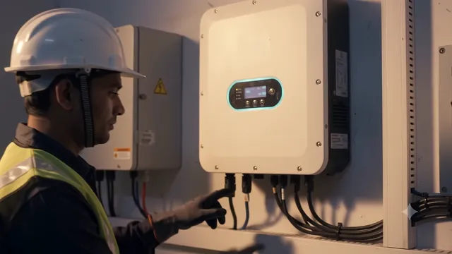 A technician in a hard hat inspecting a wall-mounted inverter and checking its cable connections.