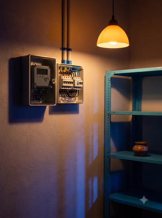 An electricity meter and a distribution board with breakers mounted on a wall under a pendant lamp.