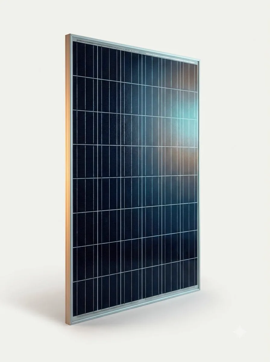 A single solar module standing on a plain studio background, light catching its cells.
