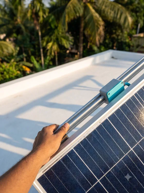 Close-up of a hand on the aluminium rail of a solar module, with a teal mounting clamp.