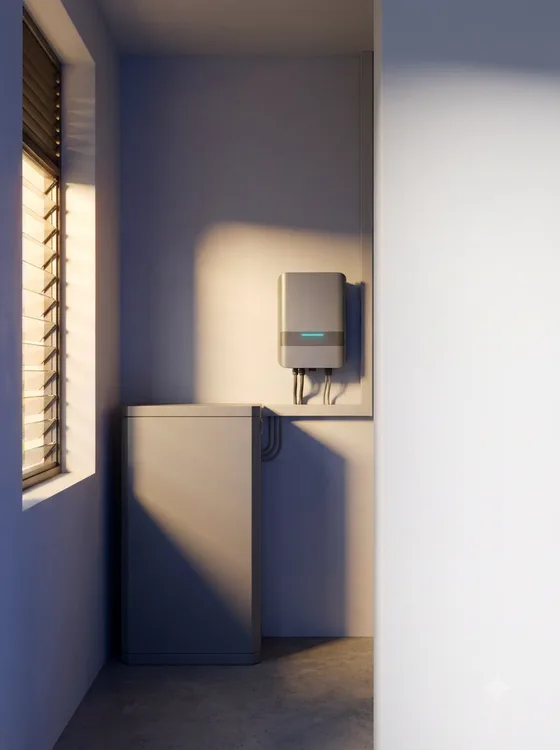 A compact battery unit and a wall-mounted inverter in a daylit alcove beside louvred windows.