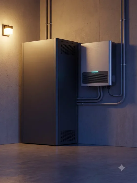 A tall battery cabinet beside a brushed-steel inverter with a teal status light, mounted on a concrete wall at dusk.