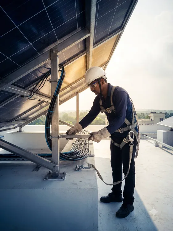 A technician in a hard hat, safety glasses and fall-arrest harness securing cabling beneath a raised array.